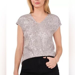 CeCe Sequin V-Neck Short Sleeve Top | Size Small | NWOT